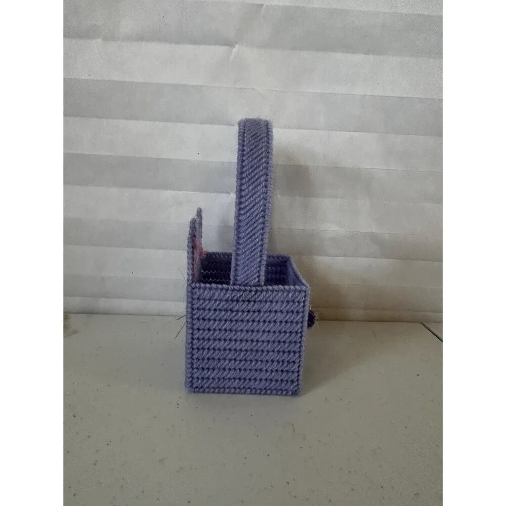 Mini Easter Basket Purple with Bunny – Colorful Plastic Canvas Handmade Gift